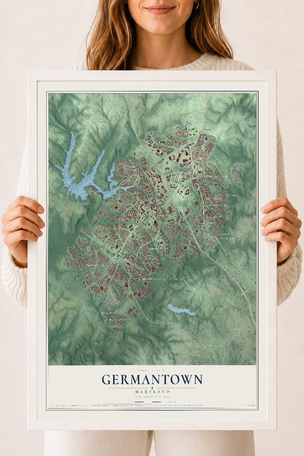 Map of Germantown, Maryland, 18 x 24 inch print in a white wood frame