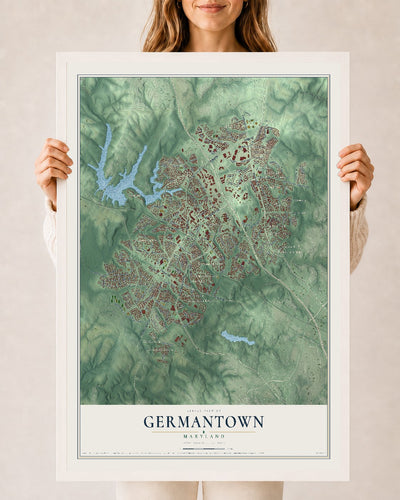 Map of Germantown, Maryland, 24 x 36 inch print in a white wood frame