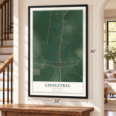 Girdletree, Maryland map, 24 x 36 inch print in a black frame by a staircase