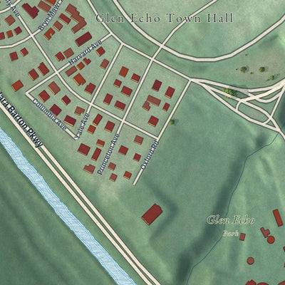Close-up of the map of Glen Echo, Maryland print showing street and building detail