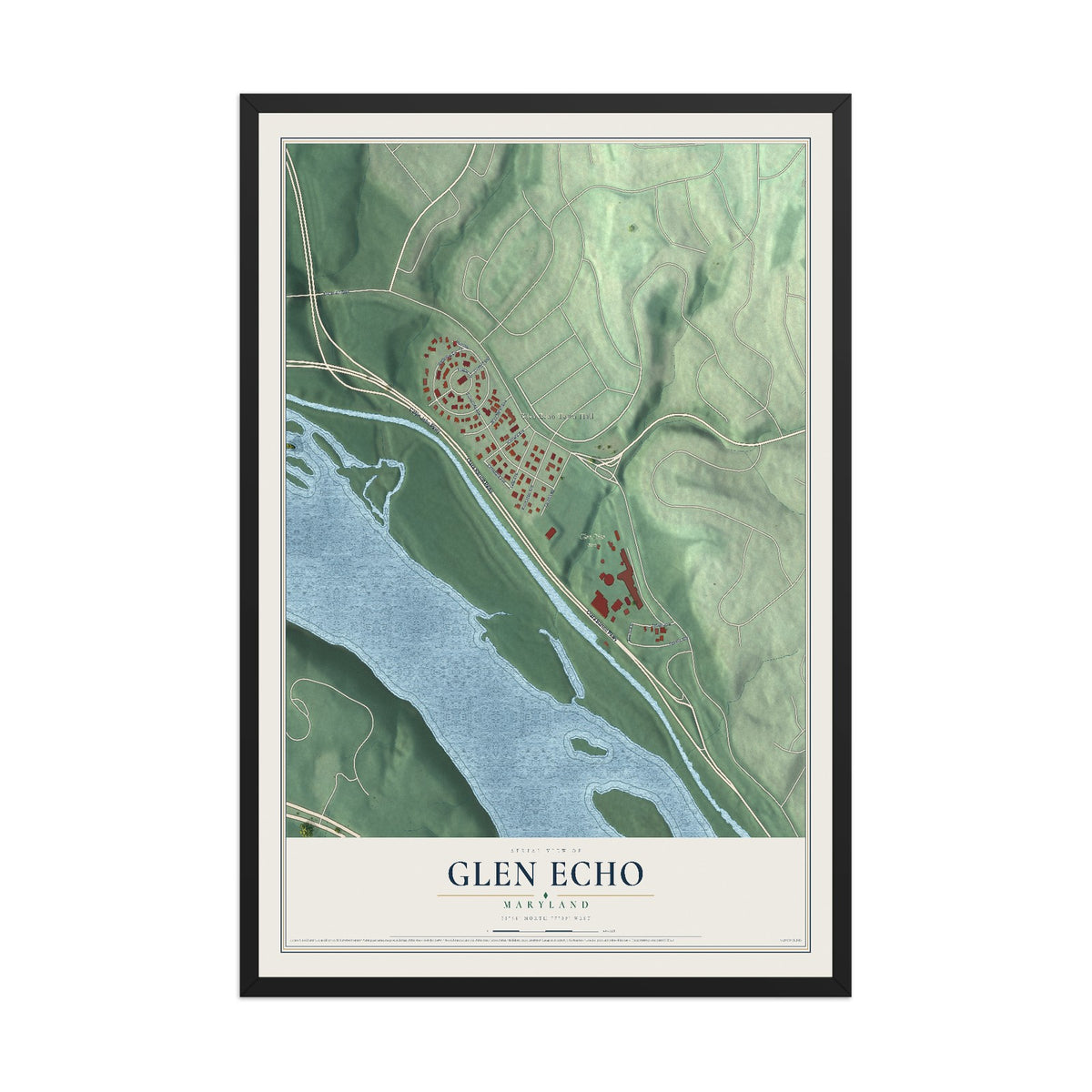 Map of Glen Echo, Maryland, 12 x 18 inch print in a black wood frame