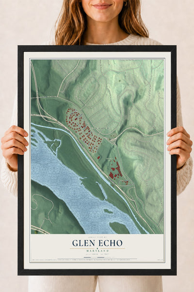 Map of Glen Echo, Maryland, 18 x 24 inch print in a black wood frame