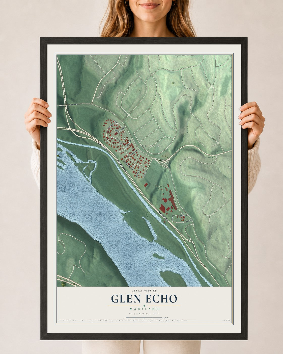 Map of Glen Echo, Maryland, 24 x 36 inch print in a black wood frame