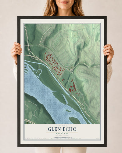 Map of Glen Echo, Maryland, 24 x 36 inch print in a black wood frame