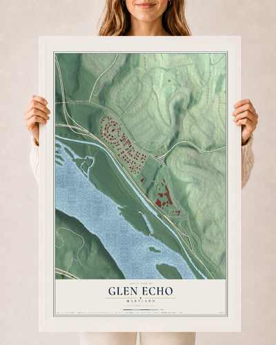 Map of Glen Echo, Maryland, 24 x 36 inch print in a white wood frame