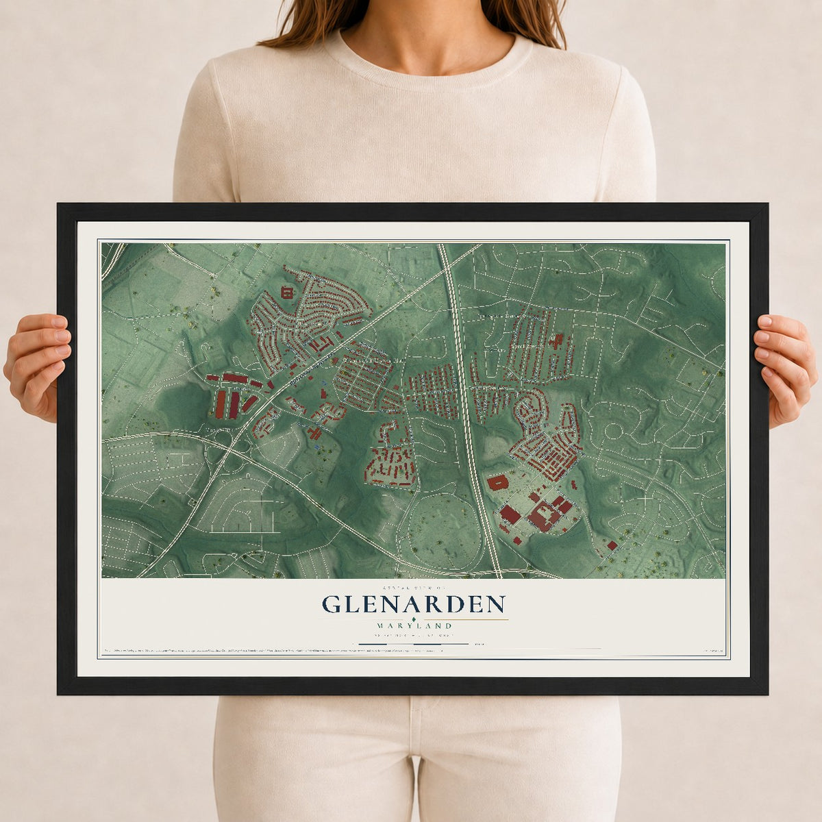 Map of Glenarden, Maryland, 12 x 18 inch print in a black wood frame