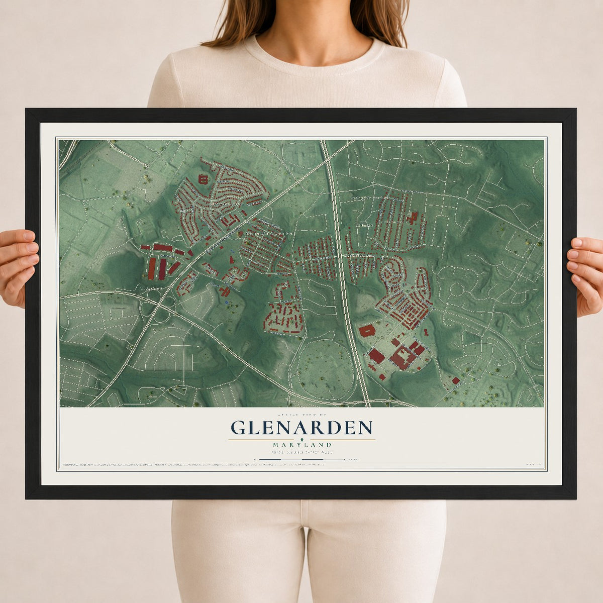 Map of Glenarden, Maryland, 18 x 24 inch print in a black wood frame