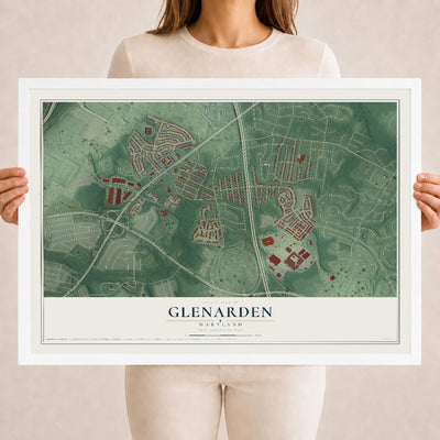 Map of Glenarden, Maryland, 18 x 24 inch print in a white wood frame
