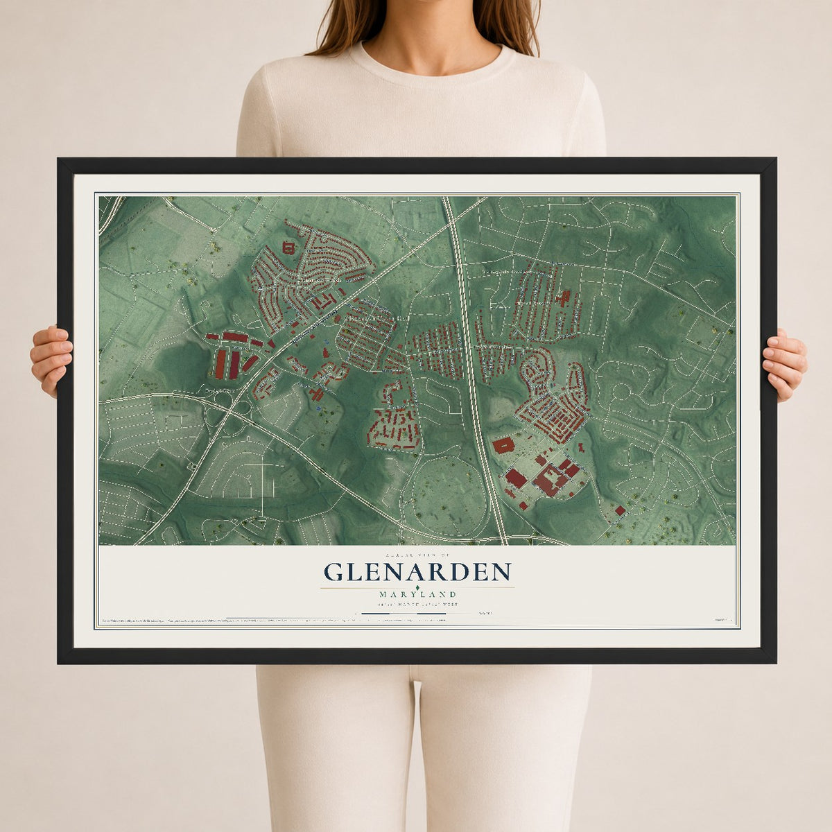 Map of Glenarden, Maryland, 24 x 36 inch print in a black wood frame