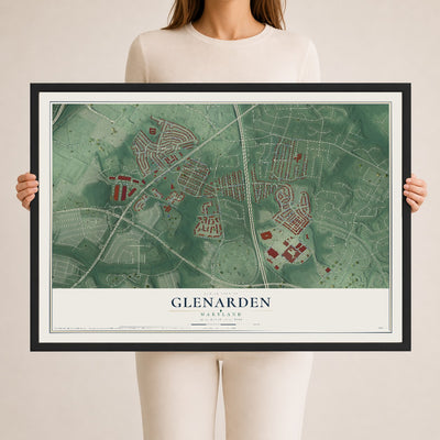 Map of Glenarden, Maryland, 24 x 36 inch print in a black wood frame