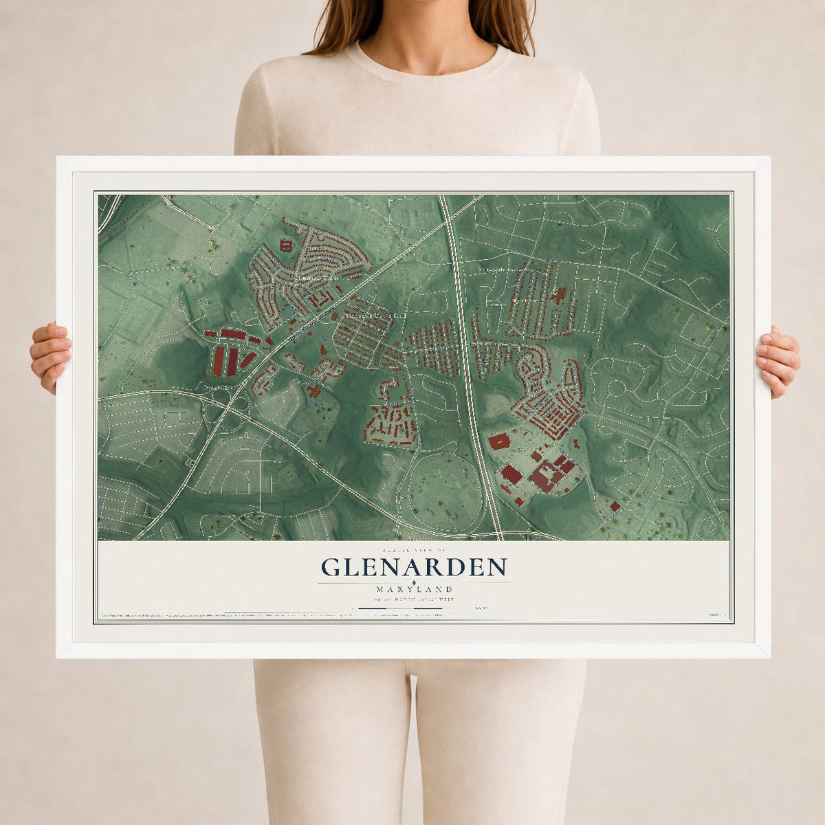 Map of Glenarden, Maryland, 24 x 36 inch print in a white wood frame