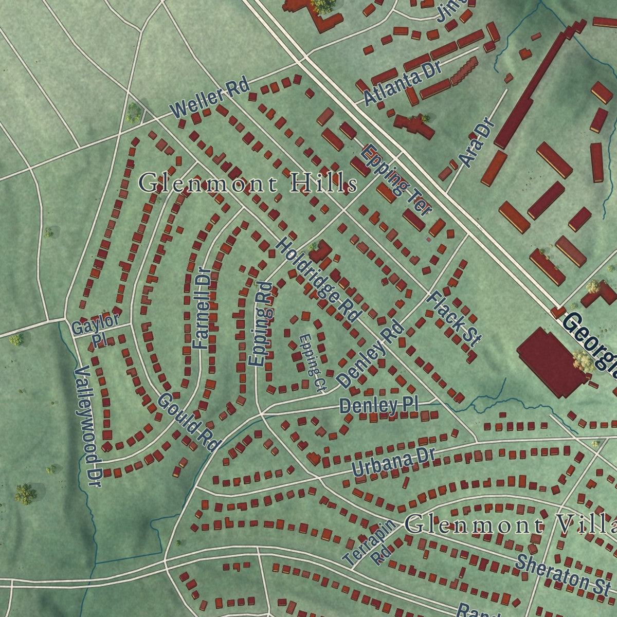Second close-up of the map of Glenmont, Maryland print showing more streets and buildings
