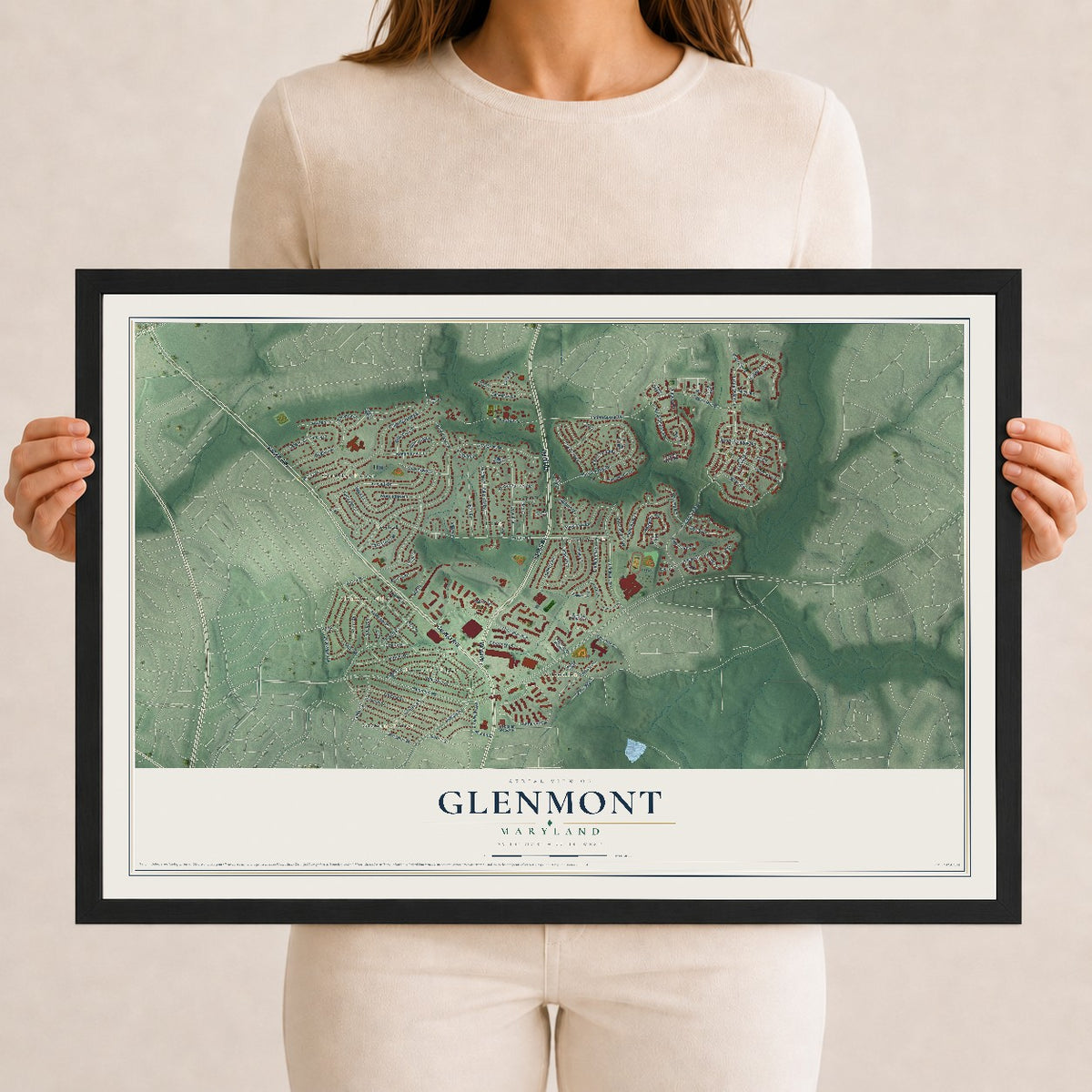 Map of Glenmont, Maryland, 12 x 18 inch print in a black wood frame