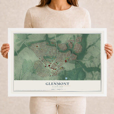 Map of Glenmont, Maryland, 12 x 18 inch print in a white wood frame