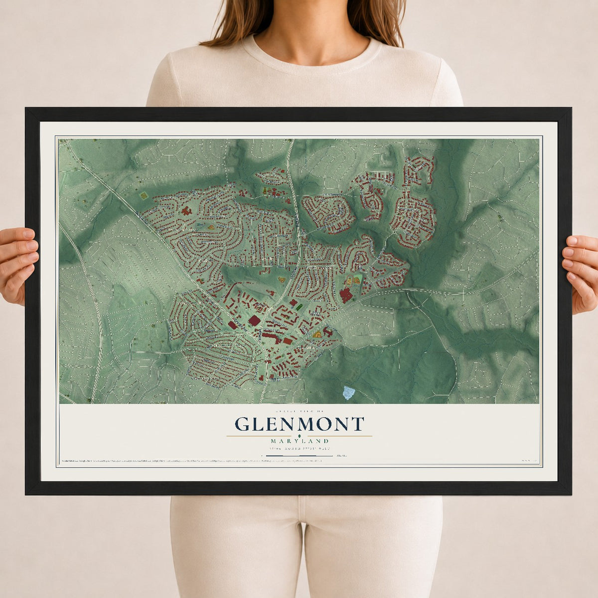 Map of Glenmont, Maryland, 18 x 24 inch print in a black wood frame