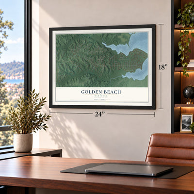 Golden Beach, Maryland map, 18 x 24 inch print in a black frame in a home office
