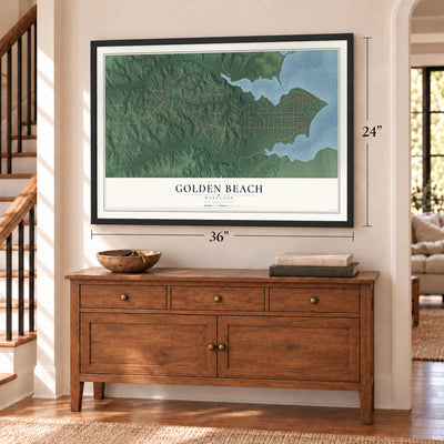 Golden Beach, Maryland map, 24 x 36 inch print in a black frame above a dresser by a staircase