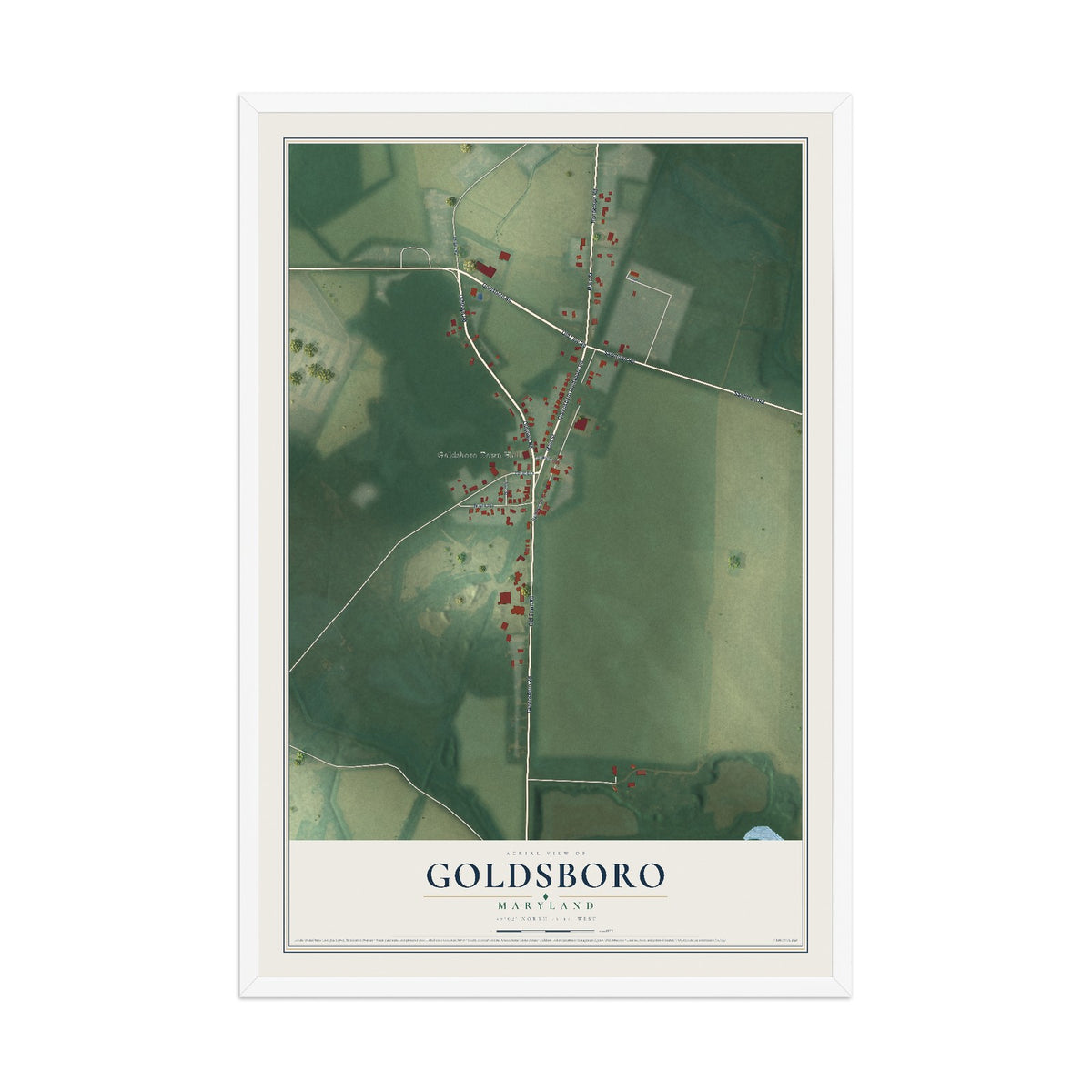 Map of Goldsboro, Maryland, 12 x 18 inch print in a white wood frame