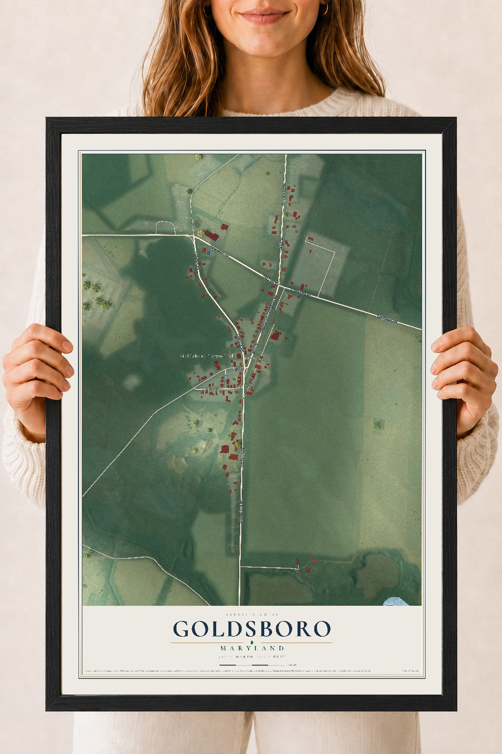 Map of Goldsboro, Maryland, 18 x 24 inch print in a black wood frame