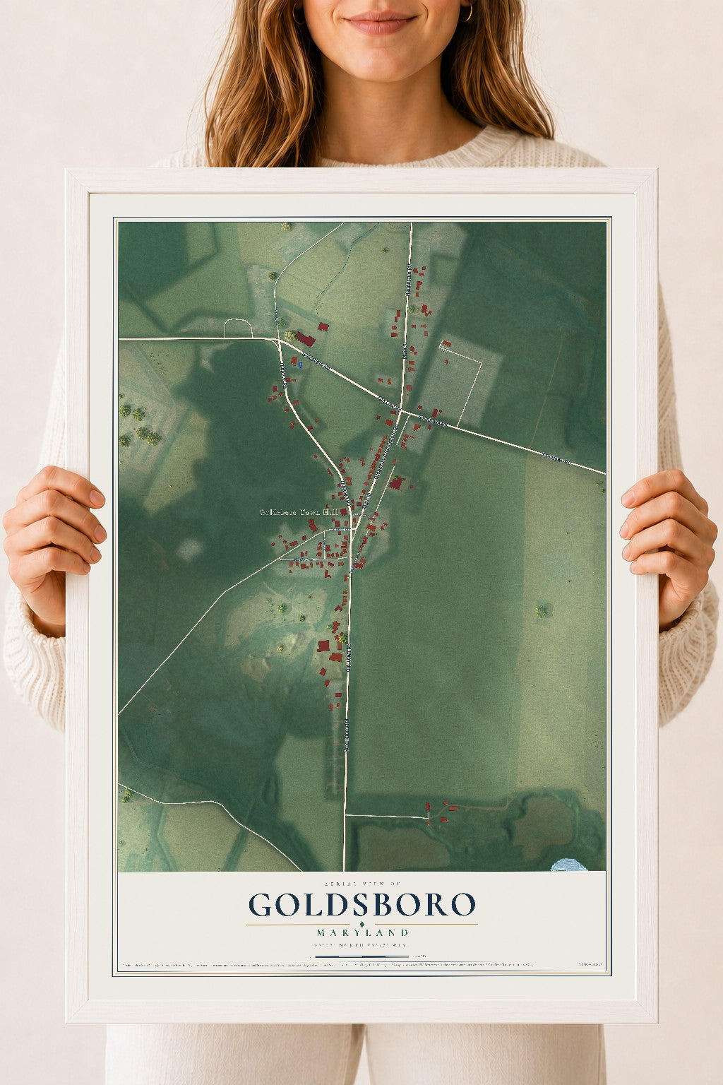 Map of Goldsboro, Maryland, 18 x 24 inch print in a white wood frame