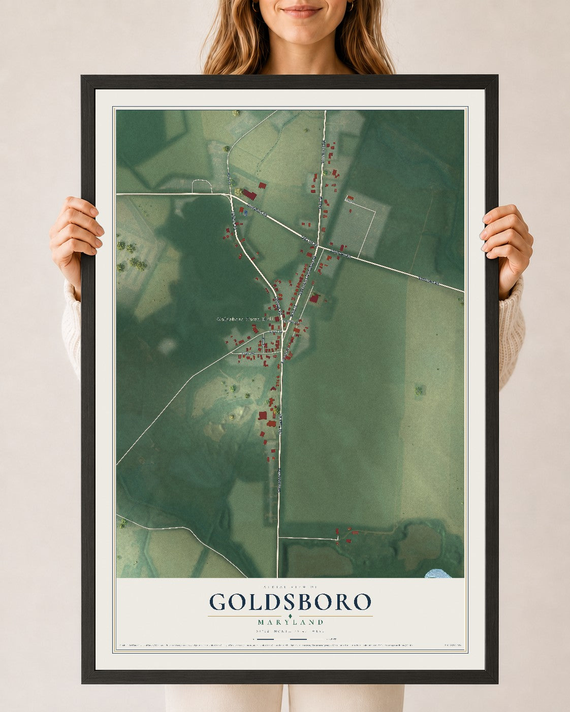 Map of Goldsboro, Maryland, 24 x 36 inch print in a black wood frame