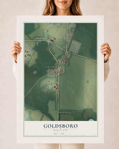 Map of Goldsboro, Maryland, 24 x 36 inch print in a white wood frame