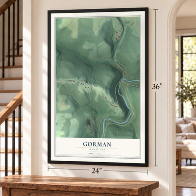 Gorman, Maryland map, 24 x 36 inch print in a black frame by a staircase