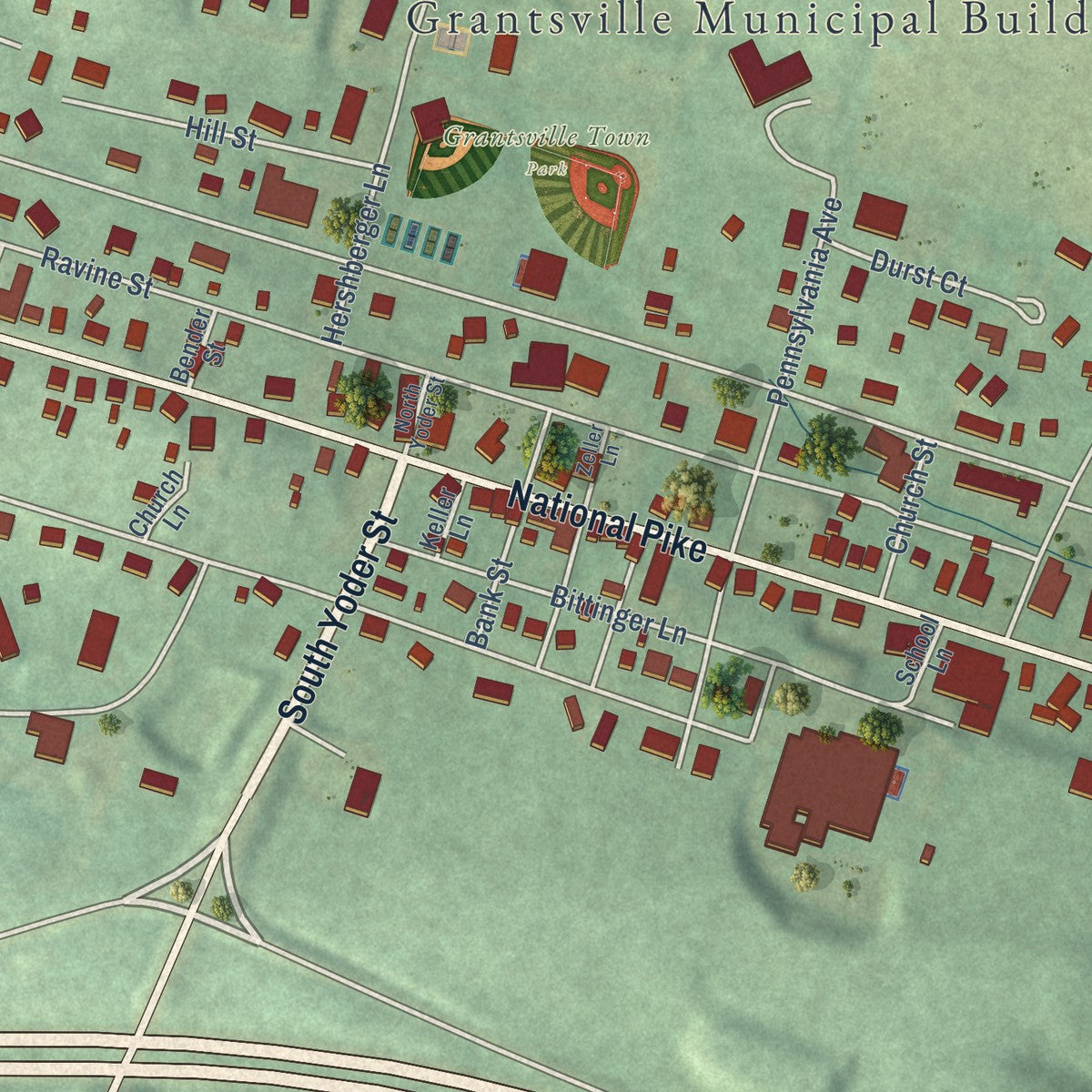 Close-up of the map of Grantsville, Maryland print showing street and building detail