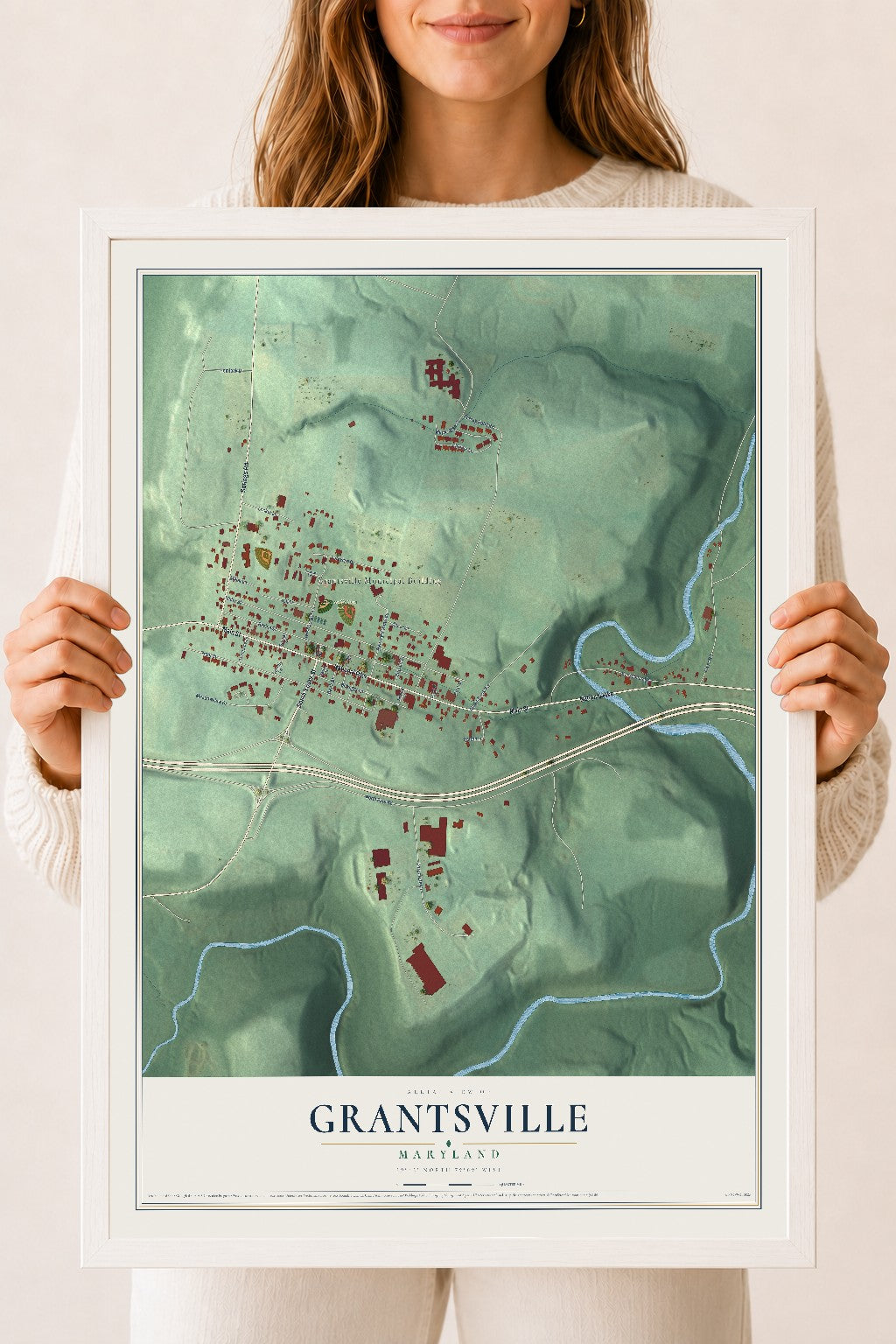 Map of Grantsville, Maryland, 18 x 24 inch print in a white wood frame