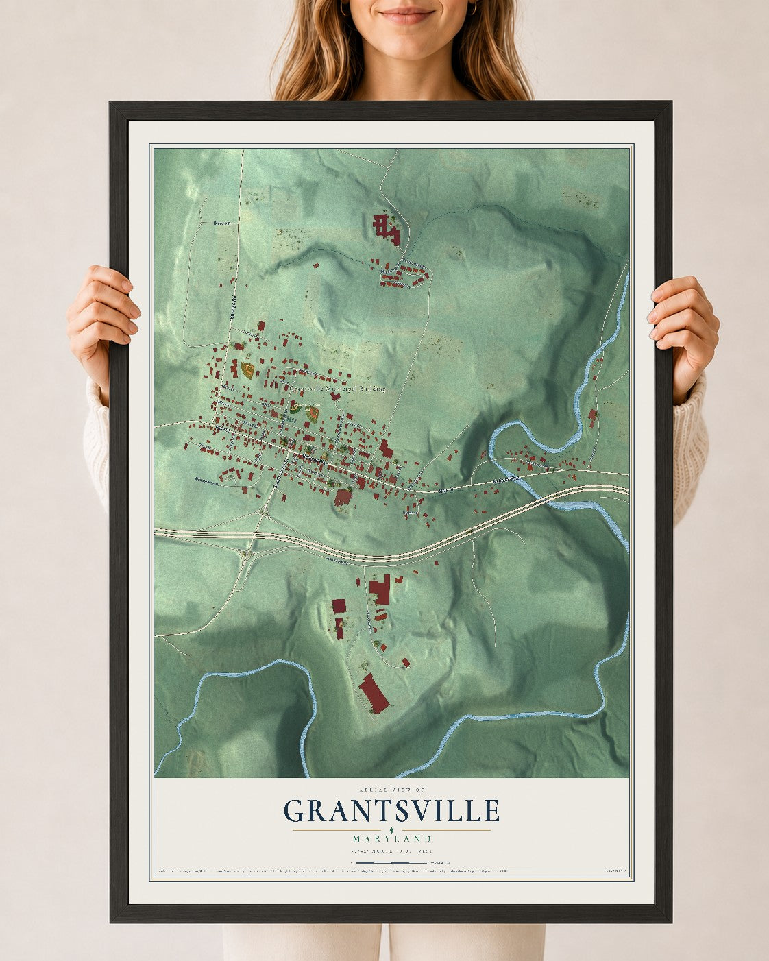 Map of Grantsville, Maryland, 24 x 36 inch print in a black wood frame