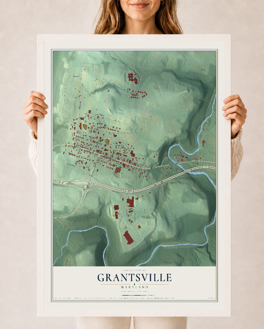 Map of Grantsville, Maryland, 24 x 36 inch print in a white wood frame