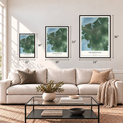 Grasonville, Maryland map in 12 x 18, 18 x 24 and 24 x 36 inch sizes above a sofa