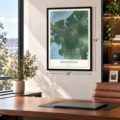 Grasonville, Maryland map, 18 x 24 inch print in a black frame in a home office
