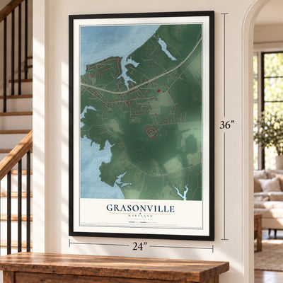 Grasonville, Maryland map, 24 x 36 inch print in a black frame by a staircase