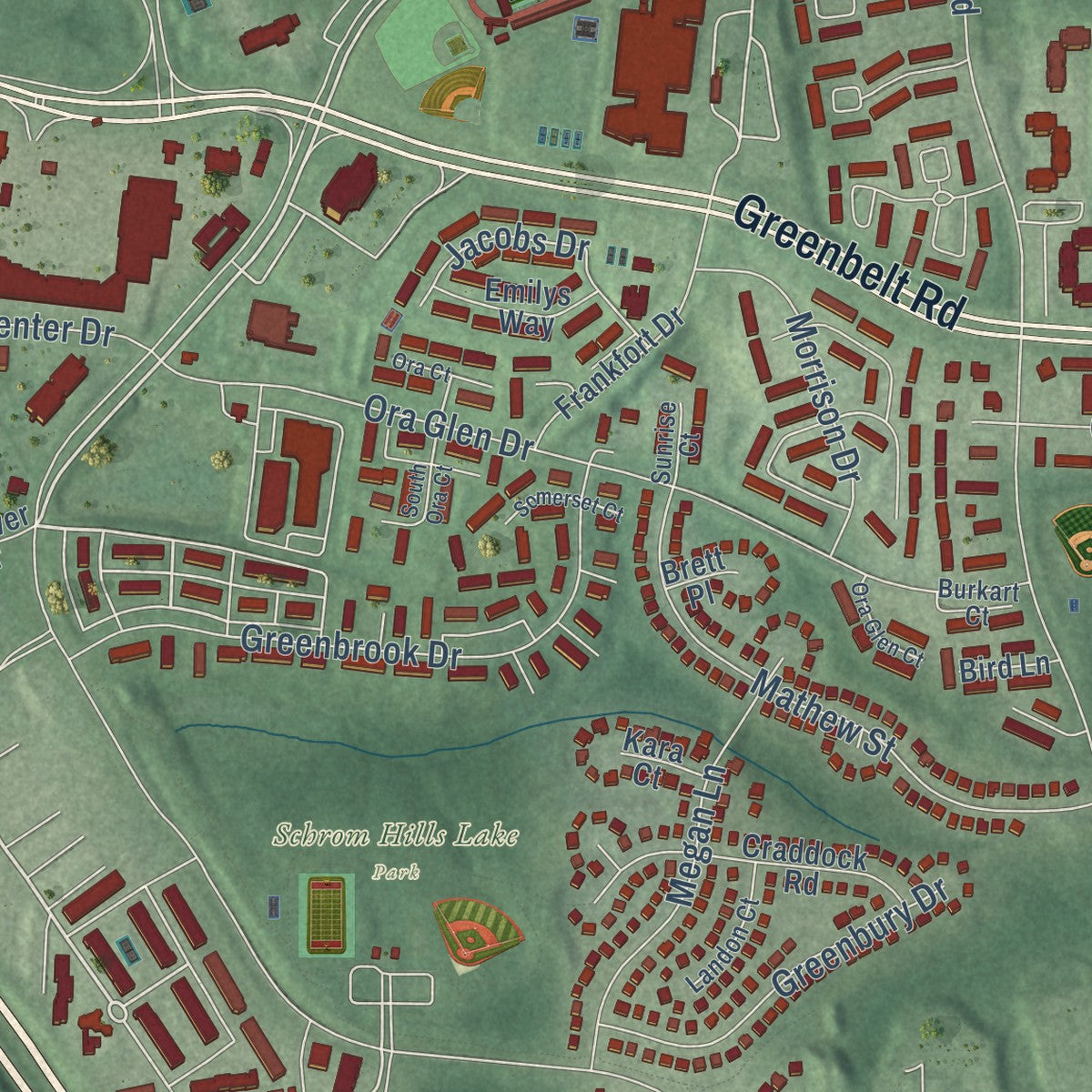 Close-up of the map of Greenbelt, Maryland print showing street and building detail