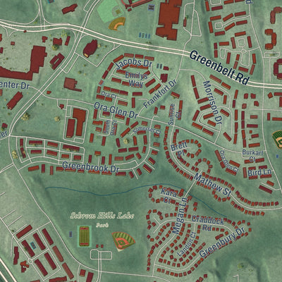 Close-up of the map of Greenbelt, Maryland print showing street and building detail