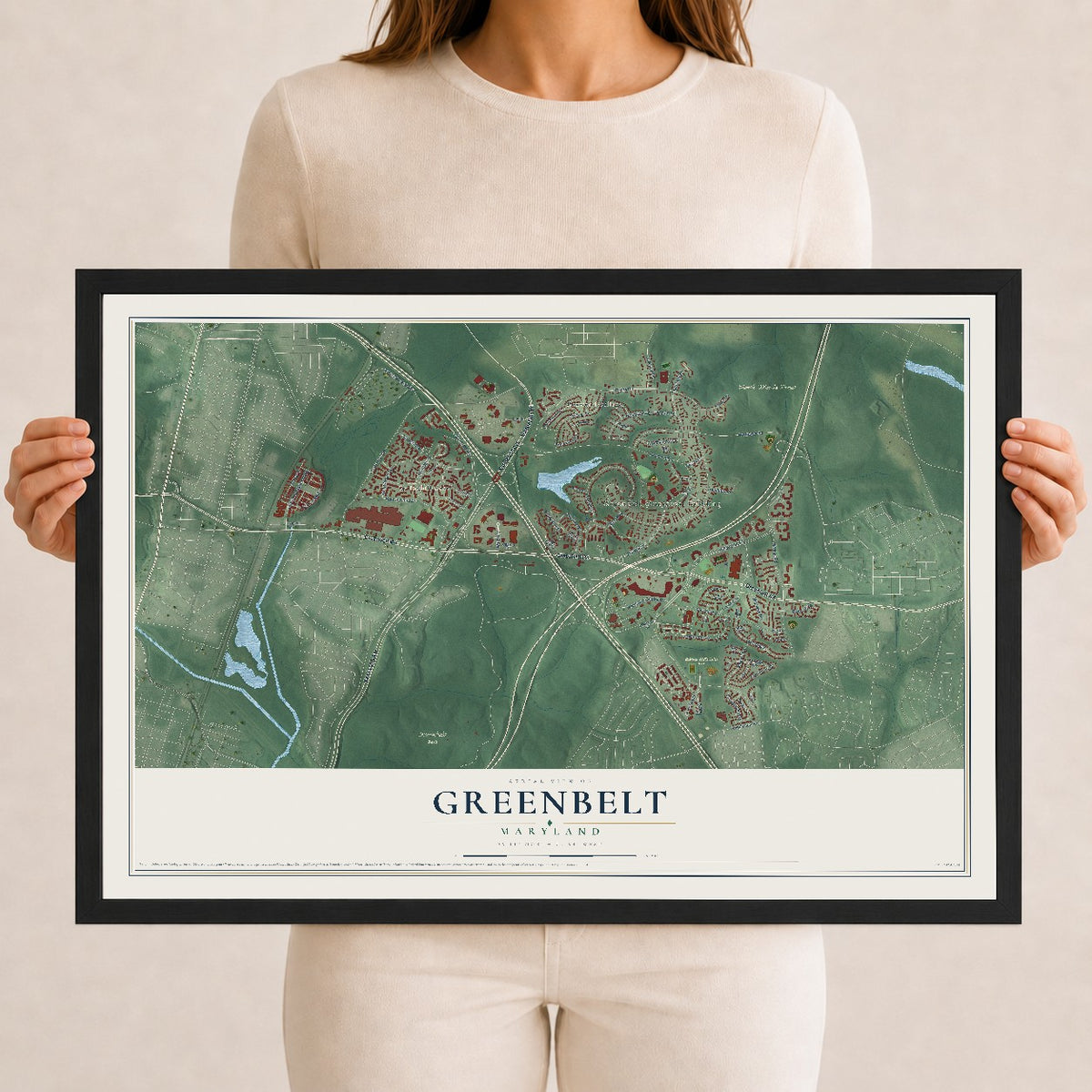 Map of Greenbelt, Maryland, 12 x 18 inch print in a black wood frame