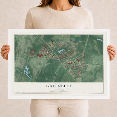 Map of Greenbelt, Maryland, 12 x 18 inch print in a white wood frame