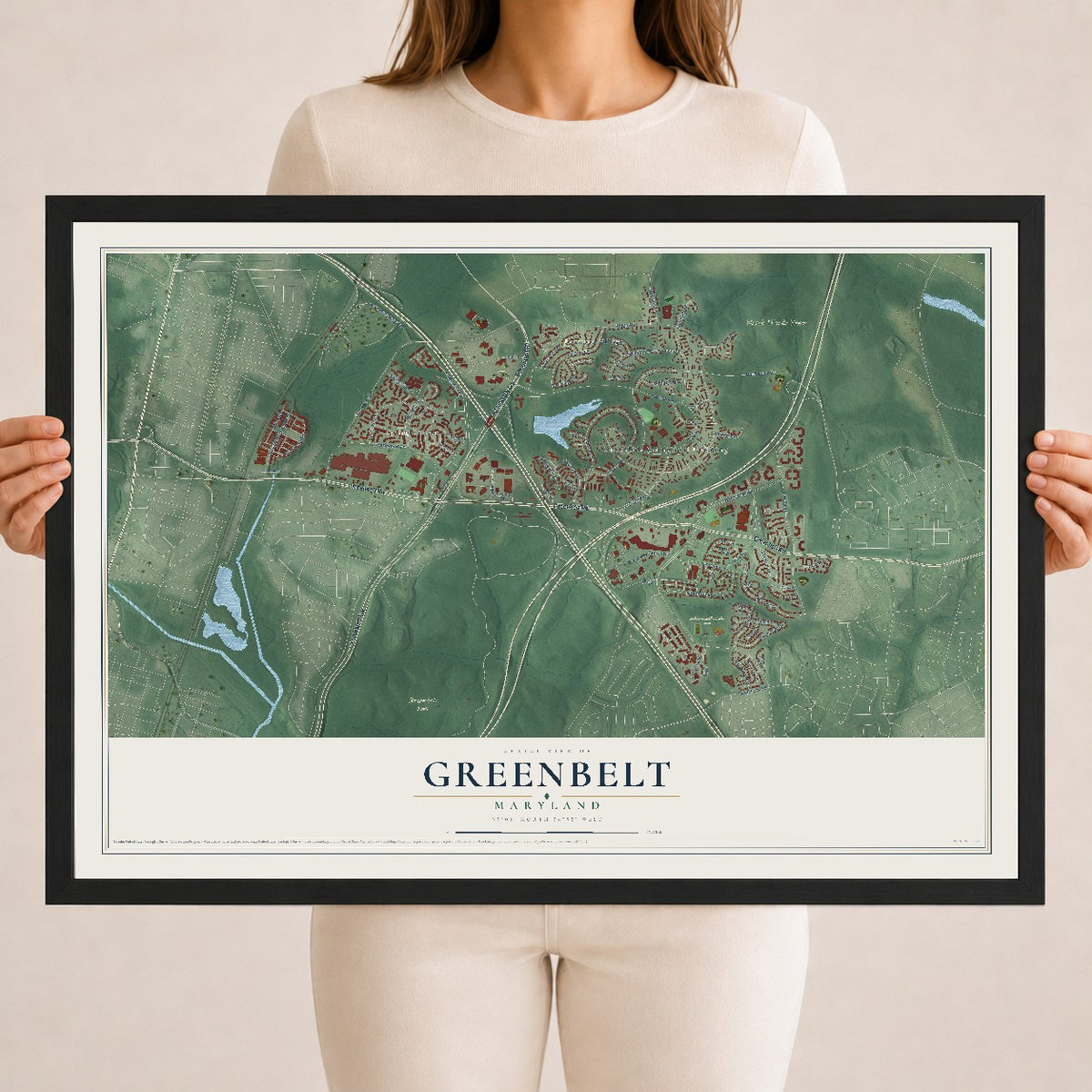 Map of Greenbelt, Maryland, 18 x 24 inch print in a black wood frame