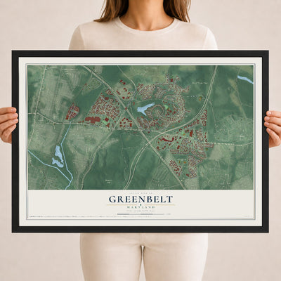 Map of Greenbelt, Maryland, 18 x 24 inch print in a black wood frame