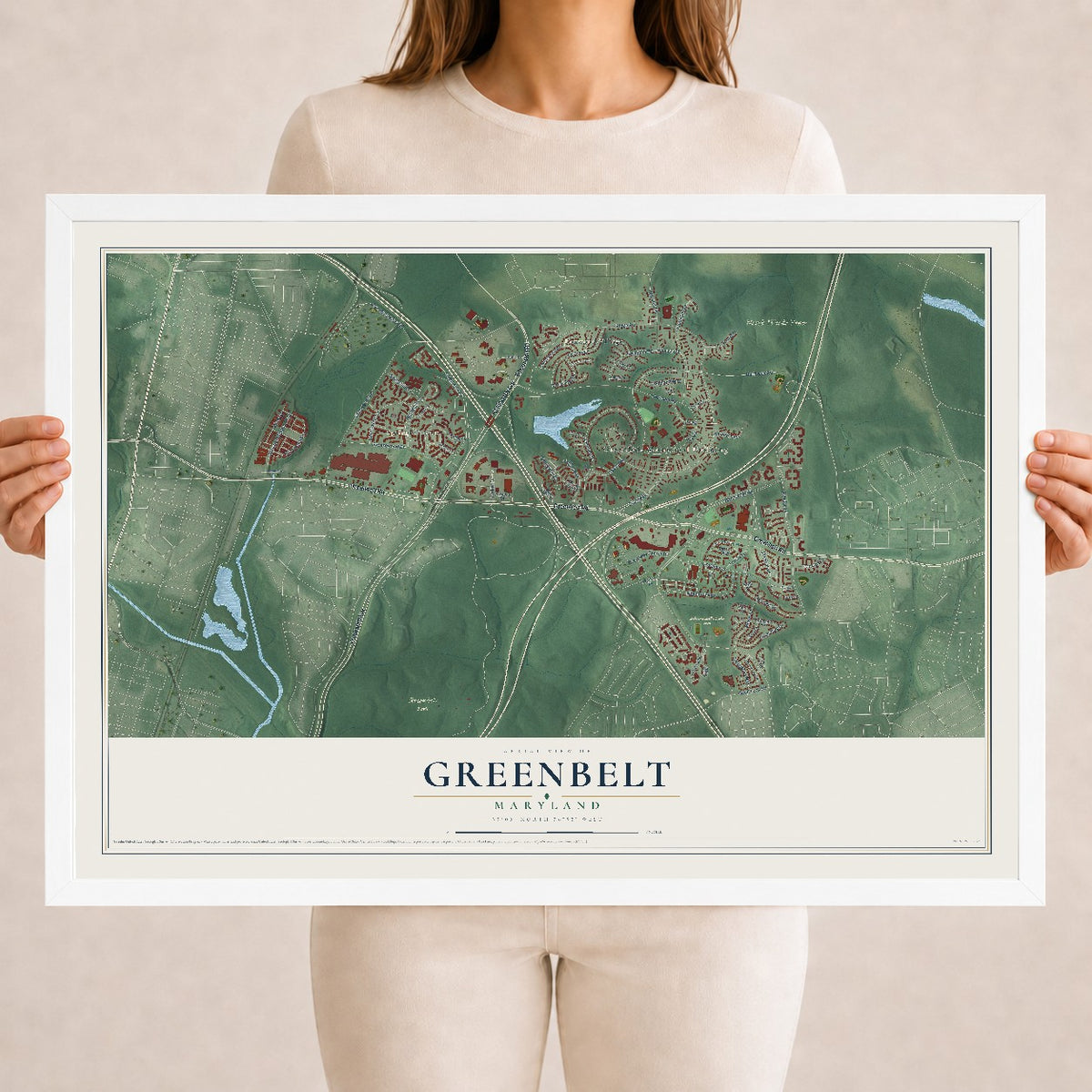 Map of Greenbelt, Maryland, 18 x 24 inch print in a white wood frame