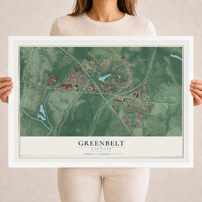 Map of Greenbelt, Maryland, 18 x 24 inch print in a white wood frame