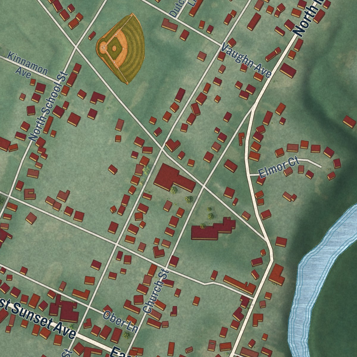Close-up of the map of Greensboro, Maryland print showing street and building detail