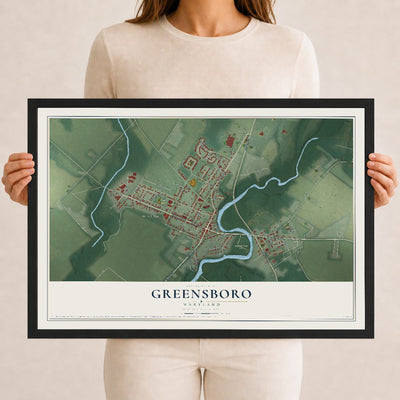 Map of Greensboro, Maryland, 12 x 18 inch print in a black wood frame
