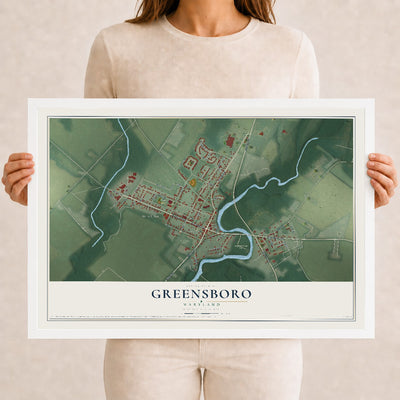 Map of Greensboro, Maryland, 12 x 18 inch print in a white wood frame
