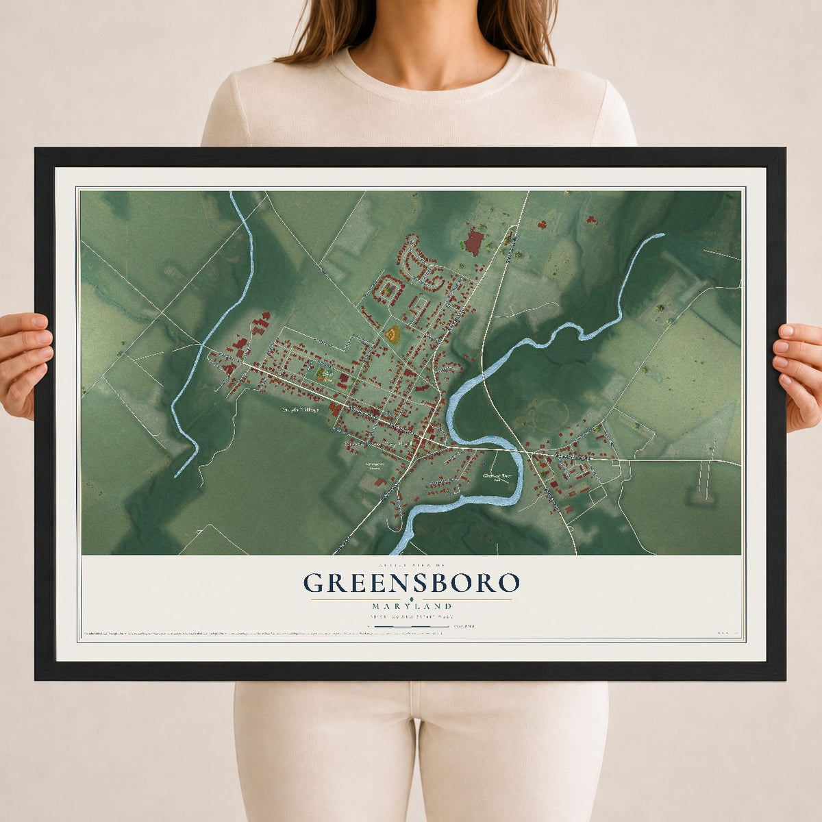 Map of Greensboro, Maryland, 18 x 24 inch print in a black wood frame
