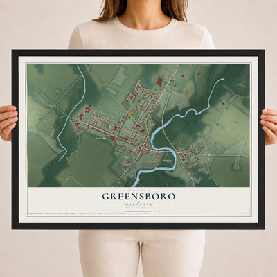 Map of Greensboro, Maryland, 18 x 24 inch print in a black wood frame