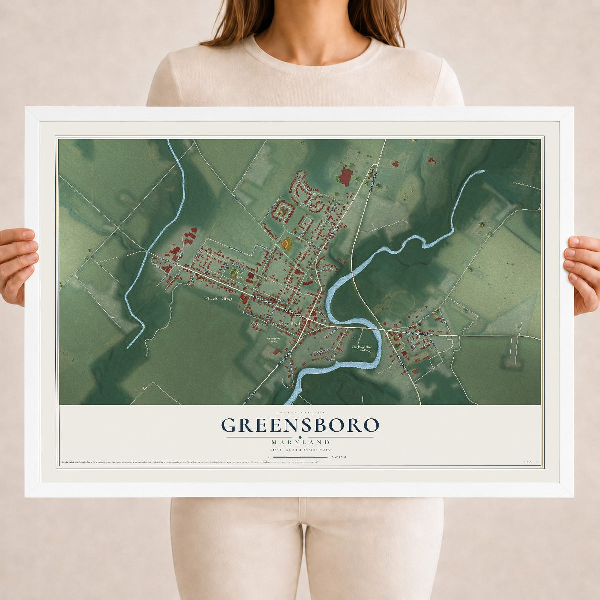 Map of Greensboro, Maryland, 18 x 24 inch print in a white wood frame