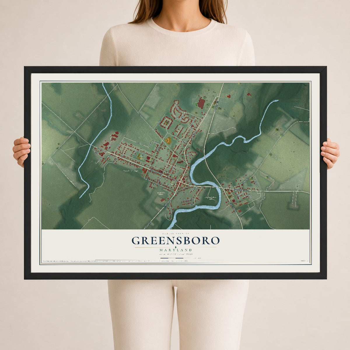 Map of Greensboro, Maryland, 24 x 36 inch print in a black wood frame
