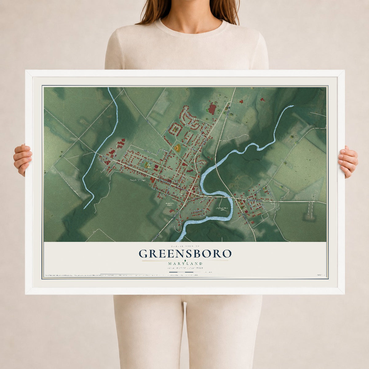 Map of Greensboro, Maryland, 24 x 36 inch print in a white wood frame
